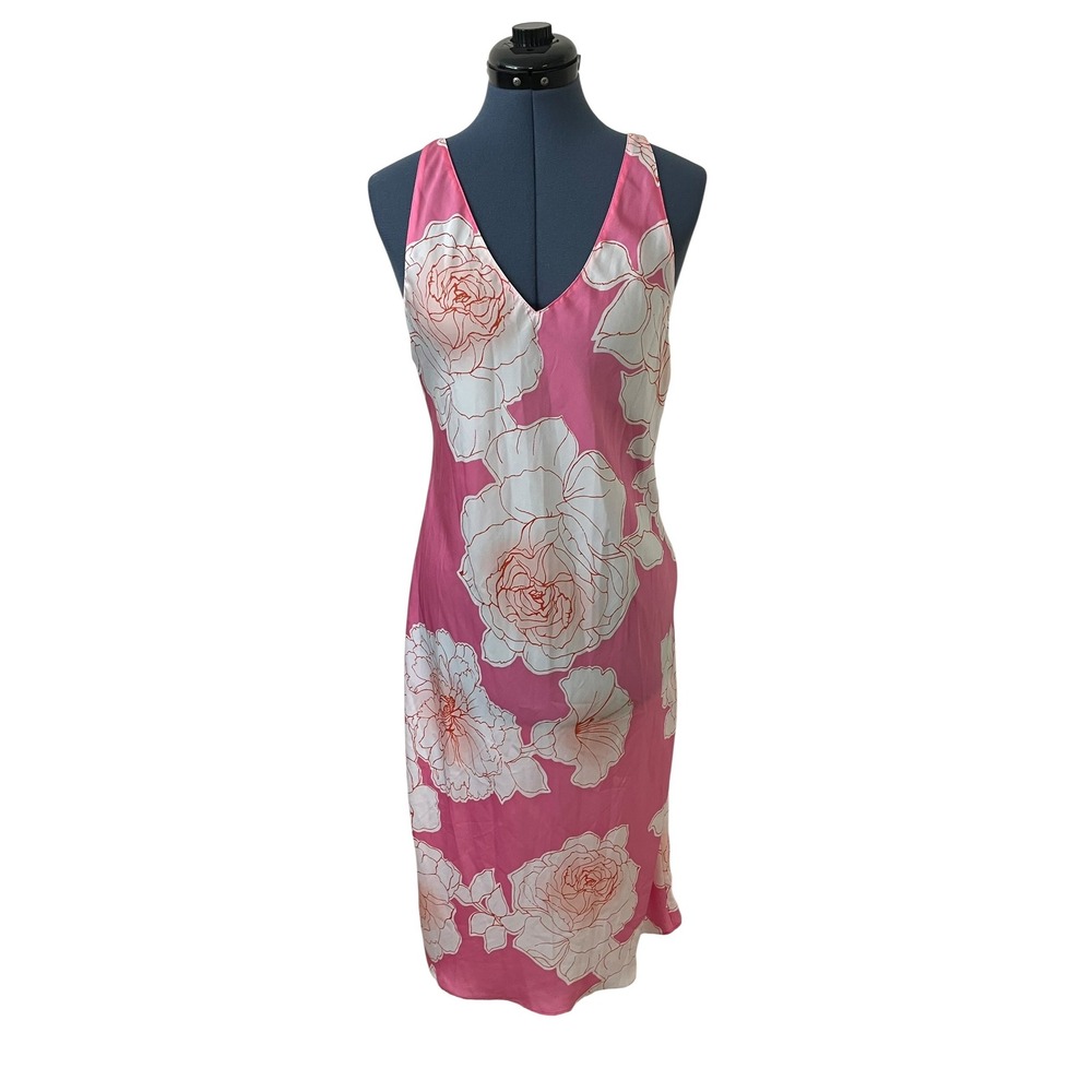 Natori Pink‎ White Floral Rose Satin Chemise Nightgown Midi Slip Dress Resort M